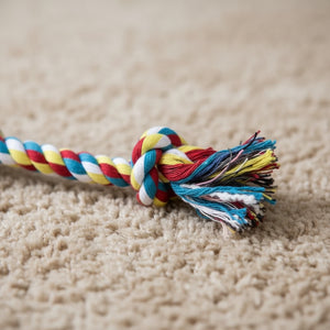 Detaliu funie pentru câini cu nod dublu și fibre rezistente
