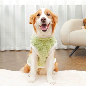 Câine purtând haină verde din polar pentru iarnă
